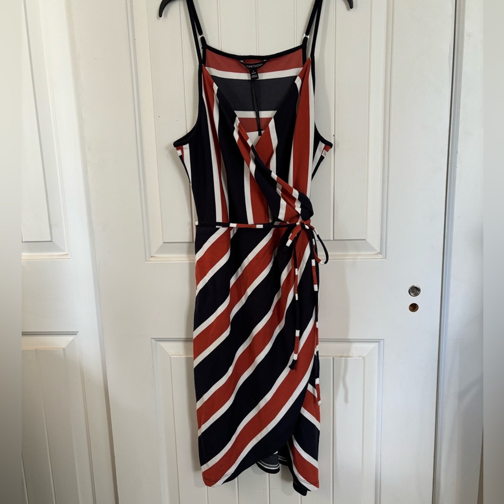 41 Hawthorn Annora Faux Wrap Knit Dress Size L petite. Navy and brown.